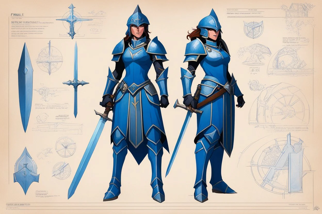 ConceptSheet blueprint [illustration by Angus McBride] female water paladin Loadout Concept: helmet, armour, and weapons with their blueprint: zweihander sword, and all the package of a knight