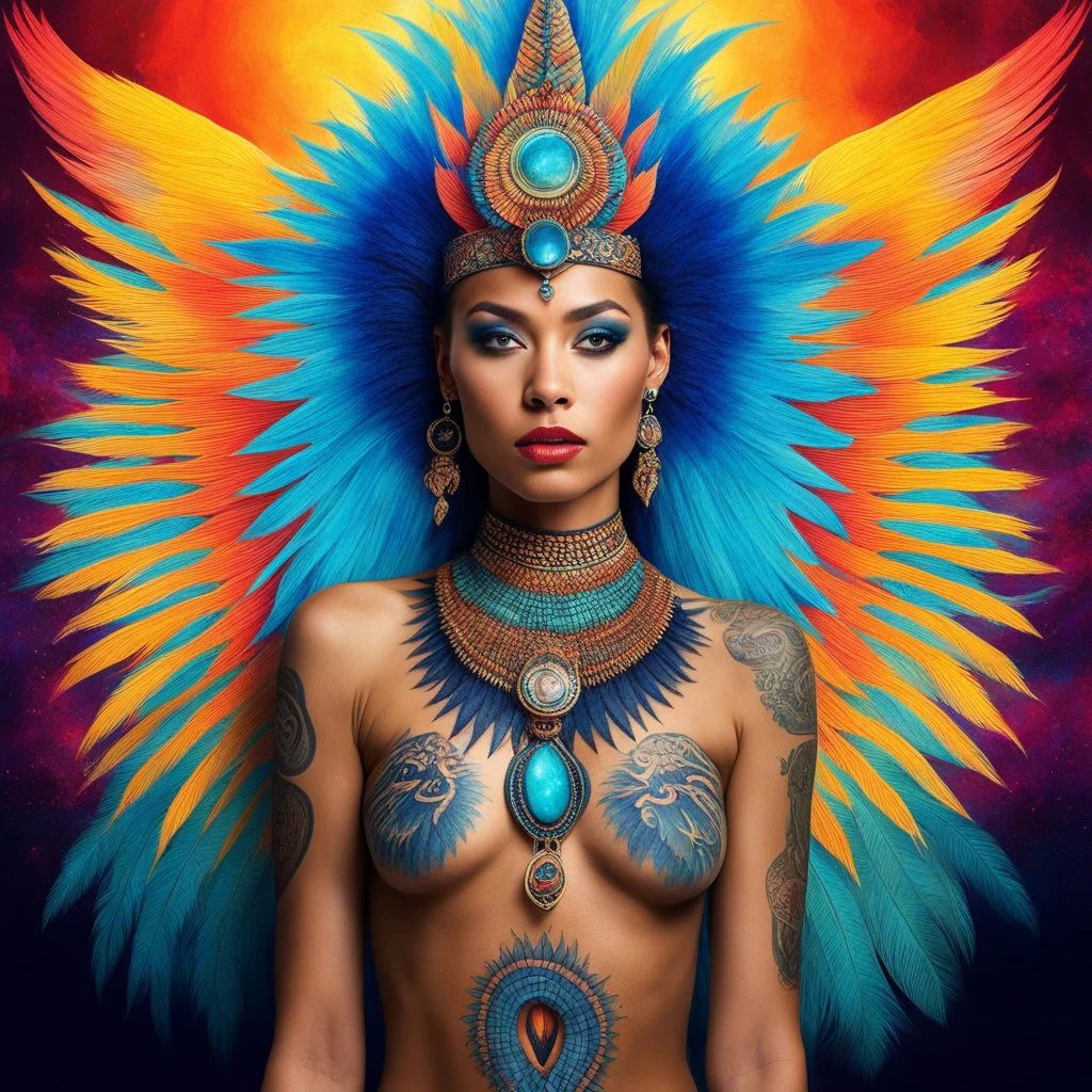 [real life version of a Dr. Seuss] a surreal scene,Feral girls and a reptilian god upon a Mayan pyramid, so serene.Tattoos came to life, uniforms transformed with tribal patterns aglow,Colors pulsed, jewelry sparkled, and the aura halo cast a radiant show.The god's scales shimmered, wings unfurled in a mesmerizing display,Lush green rainforest mountains undulated in a cosmic ballet.A kaleidoscope of hues danced before the writer's eyes, so bright,Boundaries blurred, reality melted in the psyched