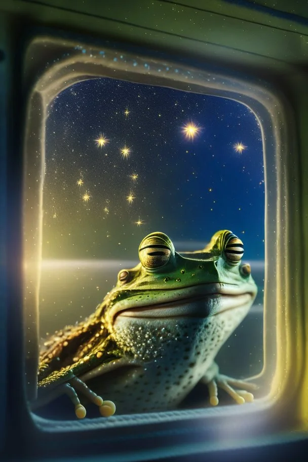 smiley frog with background star field seen in the window of a boat, 4 k, trending art, depth of field, high detail, high contrast