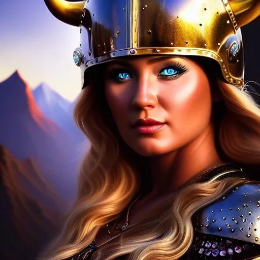 Ultra detailed fullbody Portrait in oil on canvas of beautiful busty female Viking with armor,helmet,extremely detailed digital painting,ultrarealistic skin,intense stare, extremely detailed face, crystal clear eyes, mystical colors ,perfectly centered image, perfect composition, rim light, beautiful lighting,masterpiece ,8k, stunning scene, raytracing, anatomically correct, in the style of Simon Bisley and Ohrai Noriyoshi and robert e howard and Steve Jung and Wizyakuza and uncannyknack.