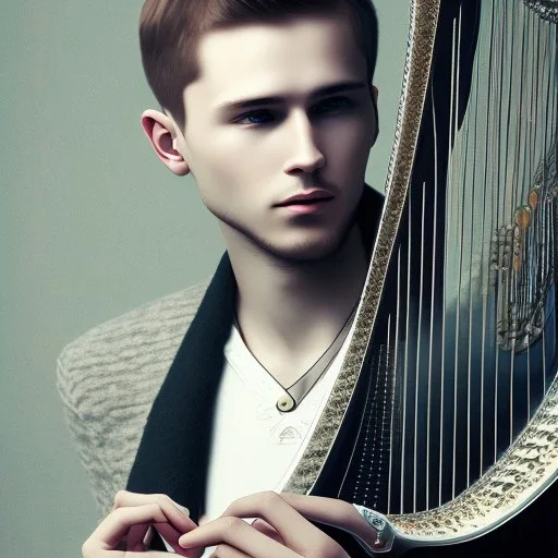 young man with harp, sweater, playing music