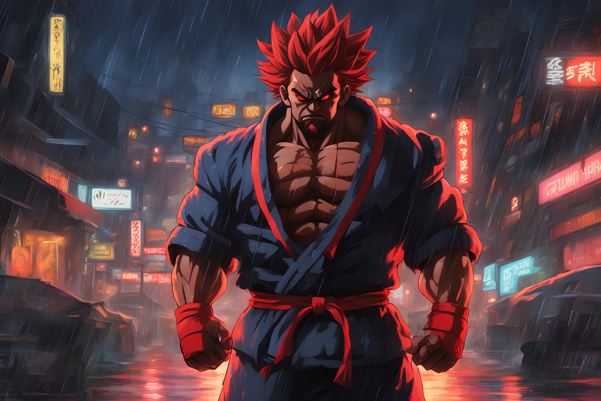 Akuma in 8k Hayao Miyazaki draw style, street fighter them, neon effect, close picture, rain, highly detailed, high details, detailed portrait, masterpiece,ultra detailed, ultra quality