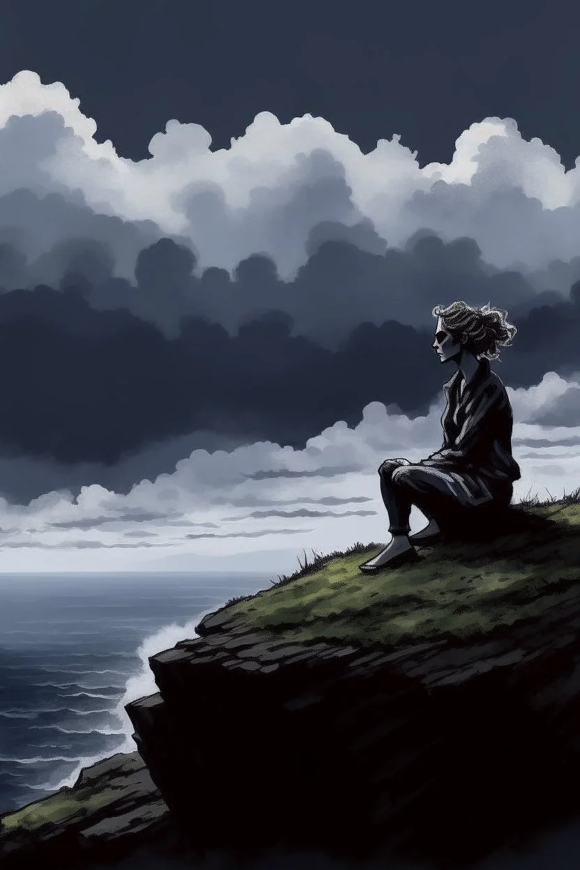 Ilustration of a woman sitting on the edge of a cliff, with a dark and cloudy sky in the background