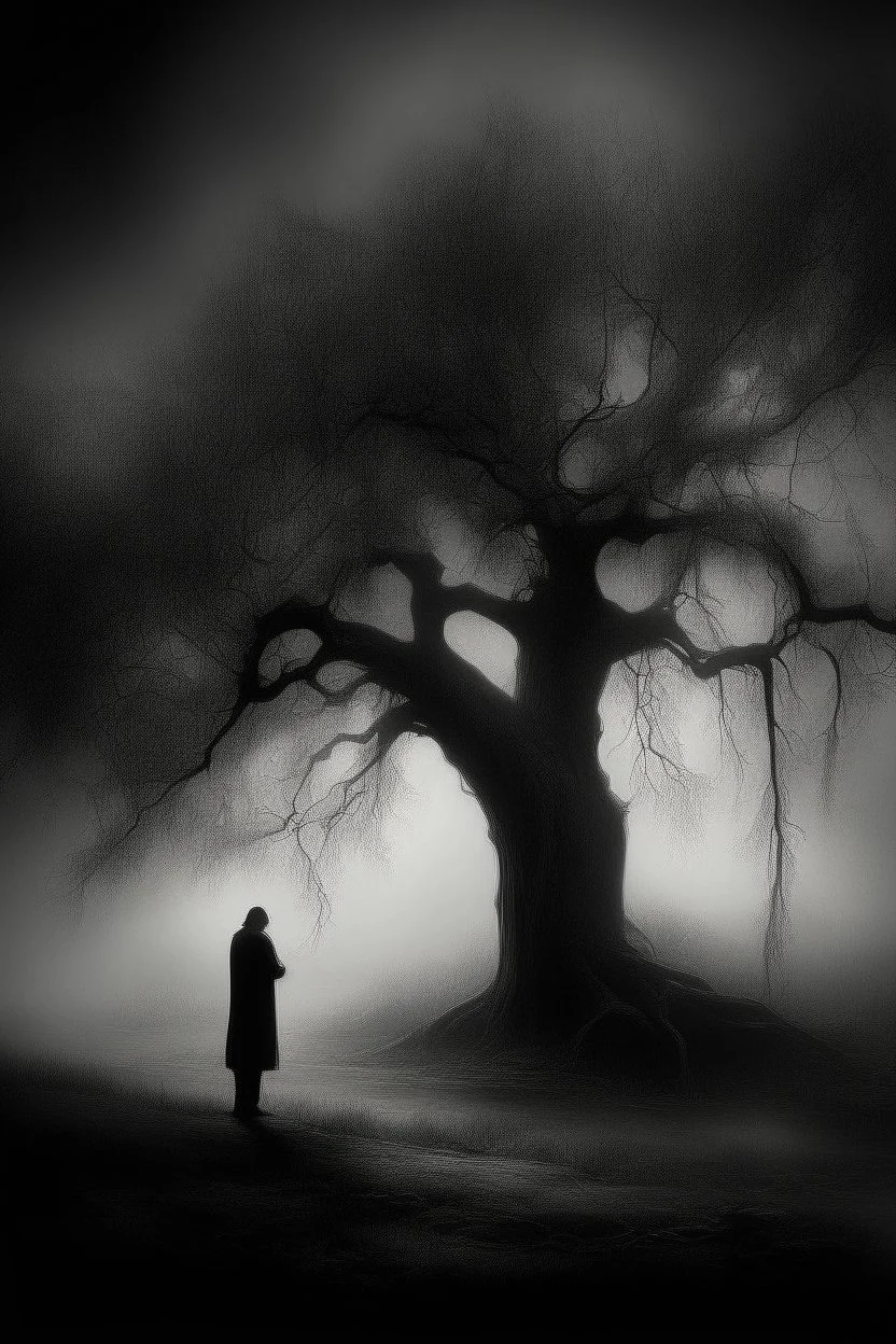 The Illusion of being in love , a broken shadow by the tree of sadness in the mist and storm