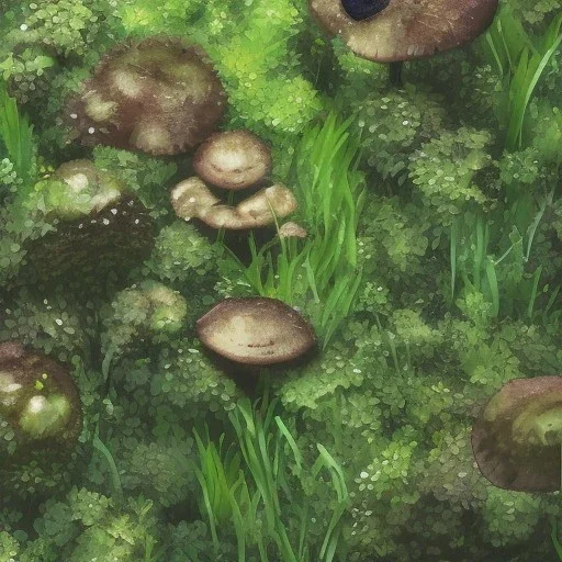 microphotography mushroom growing in a mossy dense lush green woods, high definition, detail, HD, 8k, realistic, 3d rendering, blender, photography, fisheye, bulge, tilt shift blur