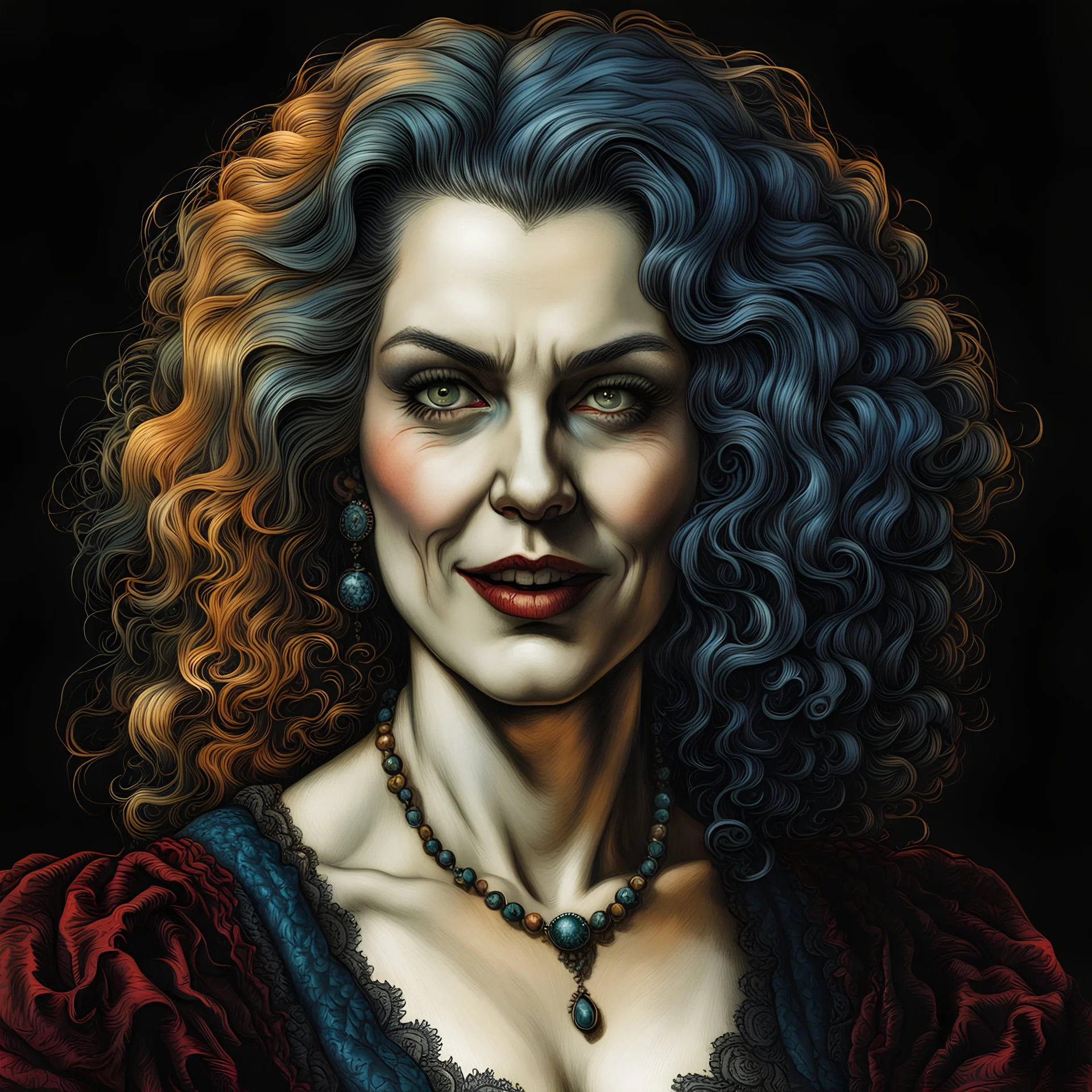 colored etching of a raggedly dressed, malevolent, predatory French female vampire sorceress , with highly detailed beaded hair and facial features ,in the style of Rembrandt, Gian Lorenzo Bernini, Johannes Vermeer, and Ann Chernow, with a fine art aesthetic, highly detailed , realistic , 4k UHD cinegraphic quality