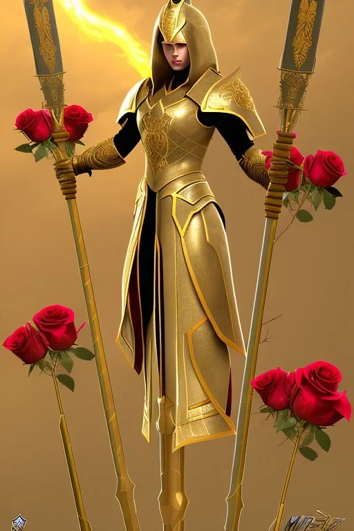 A large golden spear weapon covered in roses and thorns