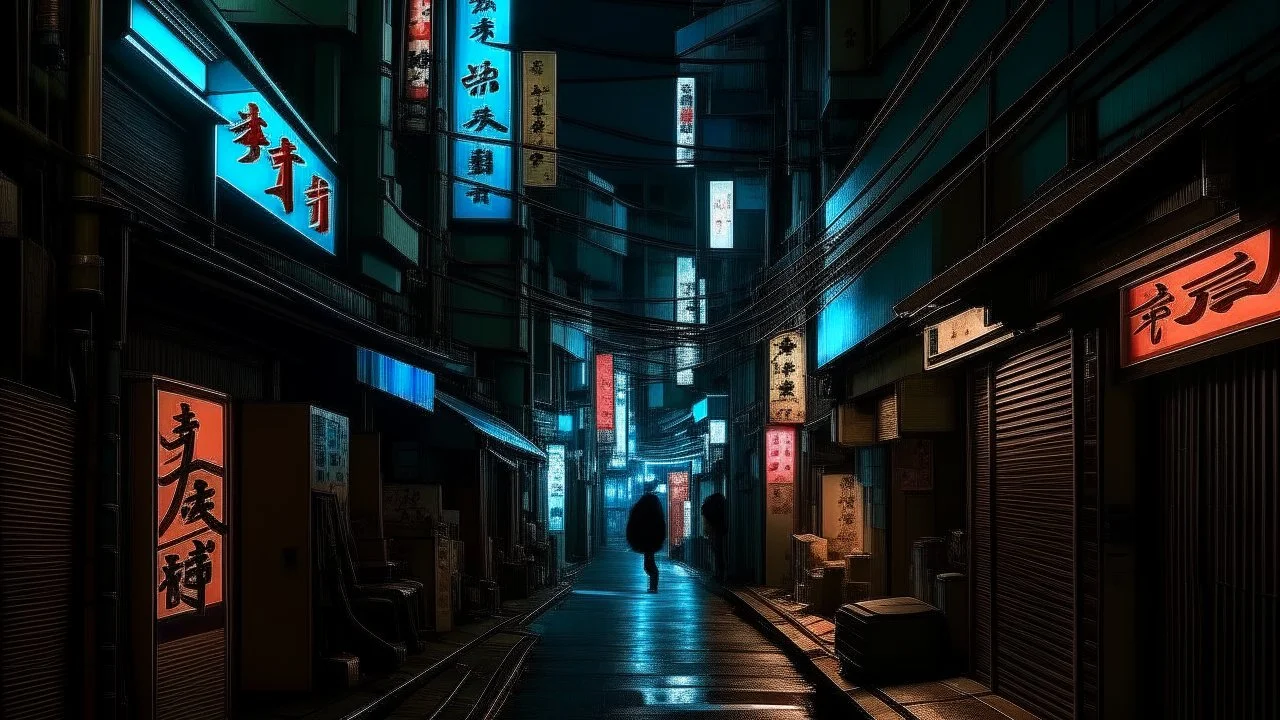 Neon-lit Tokyo streets, shadows hinting at otherworldly dangers, in a dark