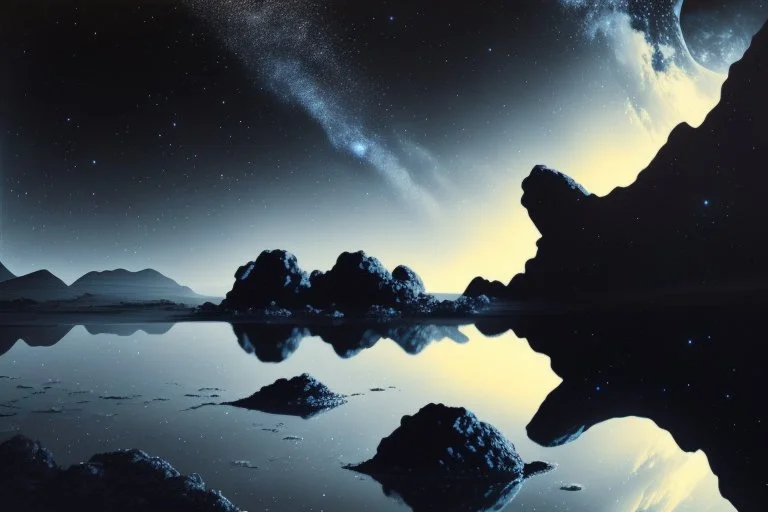 Grey Exoplanet in the hotizon, rocks, Night, lagoon reflection, sci-fi, epic, otto pippel painting