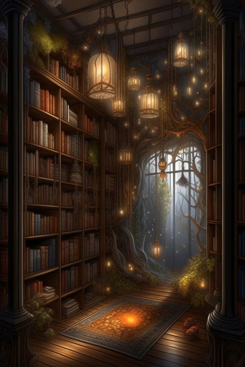 Forest library, autumn, many books,nature,natural lines, lamp garlands, twilight,dark,botanical maximalism boho style, hyperrealism, hyperdetalization, high quality, 32k, dark botanical, bionics, bionic elements,grunge, magic, fantasy, many complex details, filigree, clarity, sharpness, 8d painting, concept art, 35 mm, contrast