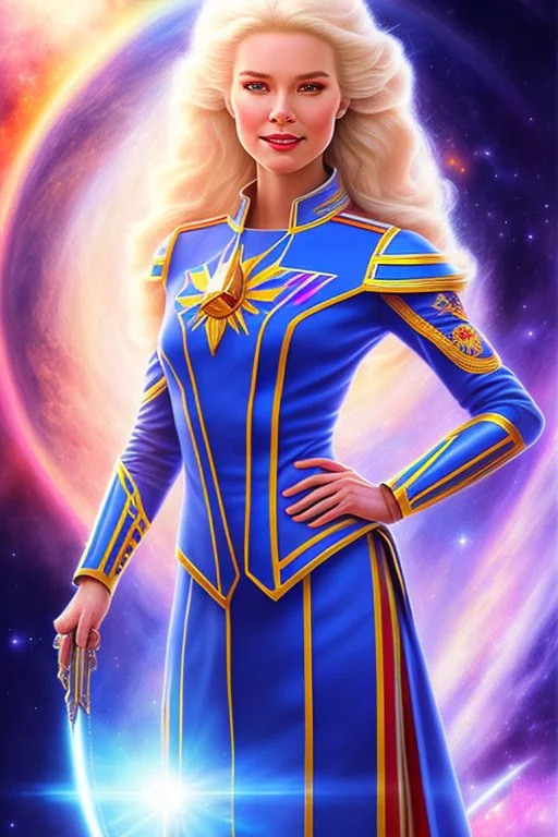 young cosmic woman admiral from the future, one fine whole face, large cosmic forehead, crystalline skin, expressive blue eyes, blue hair, smiling lips, very nice smile, costume pleiadian,rainbow ufo Beautiful tall woman pleiadian Galactic commander, ship, perfect datailed golden galactic suit, high rank, long blond hair, hand whit five perfect detailed finger, amazing big blue eyes, smilling mouth, high drfinition lips, cosmic happiness, bright colors, blue, pink, gold, jewels, realistic, real