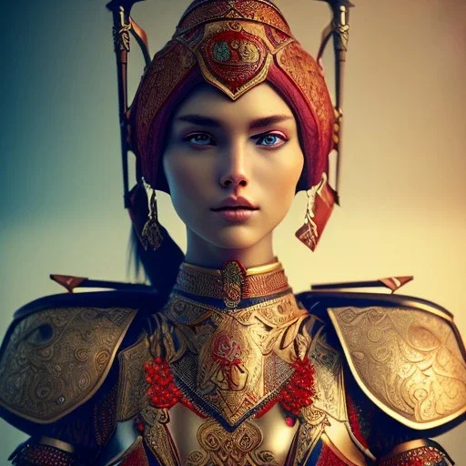 portrait of a warrior with ottoman beautiful girl themed armour, extremely detailed, UHD, 8k,The close-up camera effect,sharp focus, perfect position,hyperphotorealistic, unreal engine 5, octane render