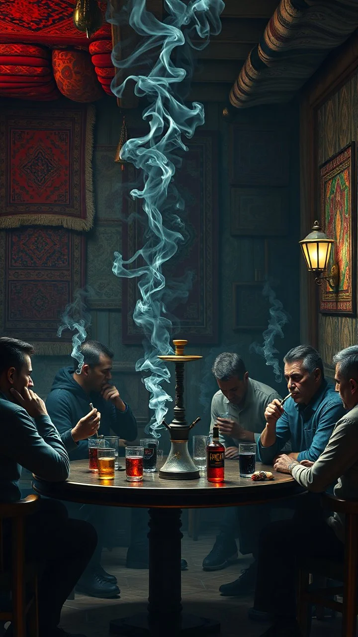 Bosch painting style nightmare , 3D , people are smoking Hookah and alcohol in a cafe a rugs on the walls in the background, high Quality picture , 8k