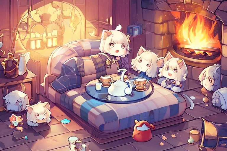 Pastel colors, cute fluffy chibi cat reads sitting in a big soft armchair, covered with a plaid blanket, a teapot and steaming tea on a small table next to her, in sunlight. The fire in the fireplace is blazing.