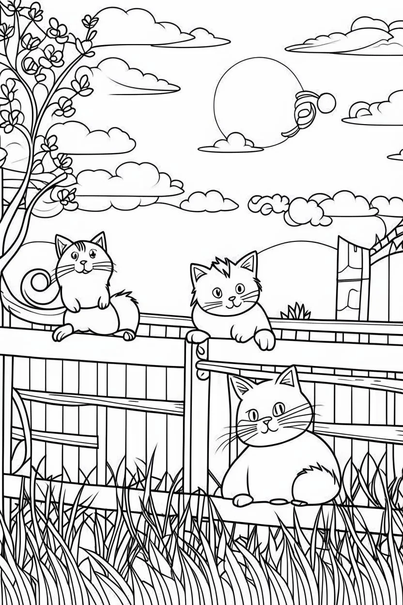 coloring page for kids, Cats on a fence, cartoon style, thick lines, low detail, no shading