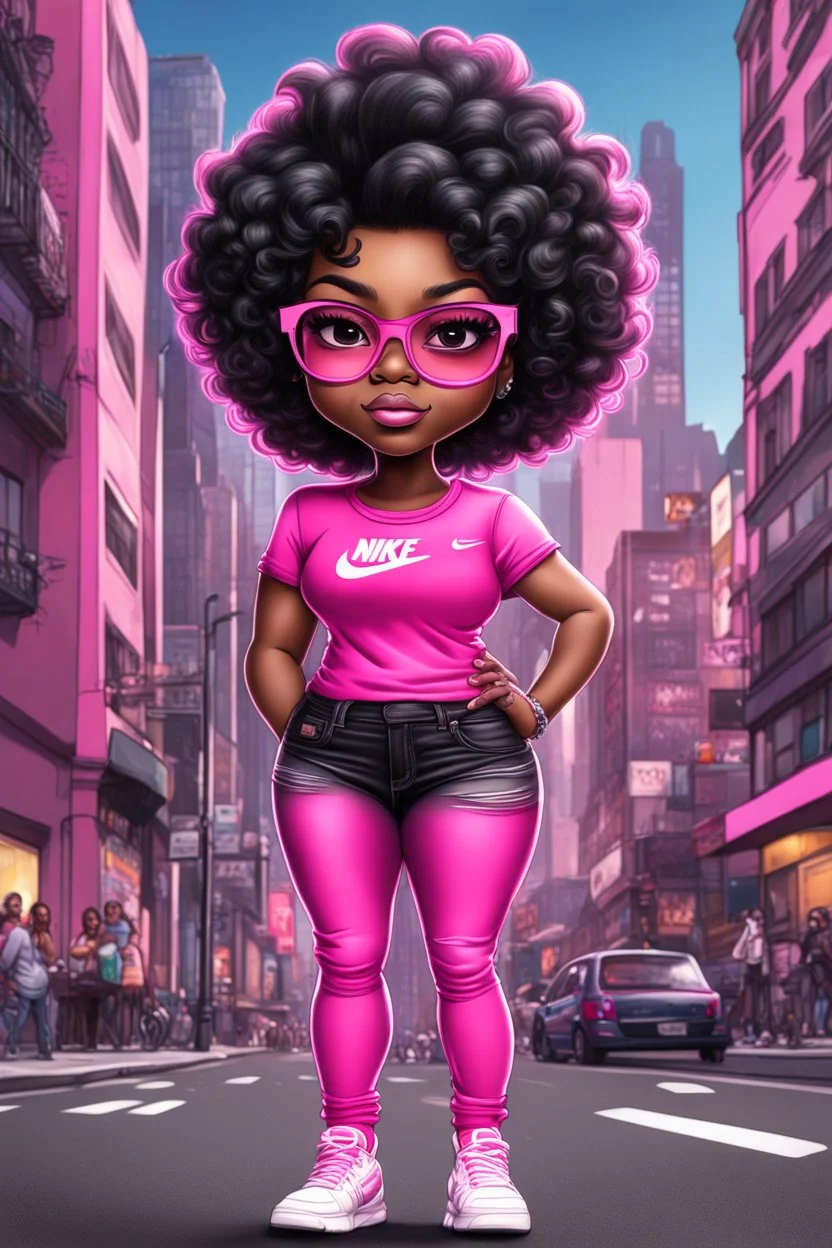 create an airbrush illustration of a chibi cartoon voluptuous black female. Wearing a hot pink t-shirt and tight black jeans with hot pink Nike sneakers. Prominent make up with hazel eyes and she is wearing pink glasses. Extremely Highly detail of a very low platinum shiny black pixie haircut. Background of a busy city street.