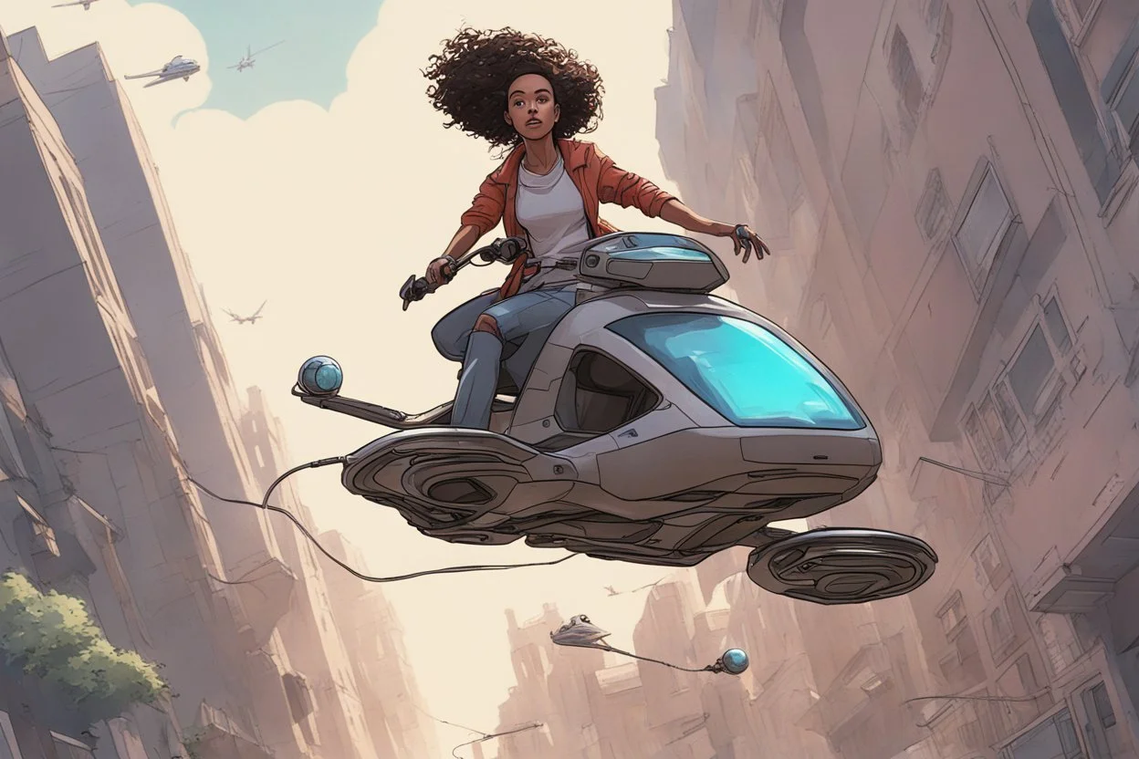 young woman astride a large hoverbike, with no wheels, floating on an alien street