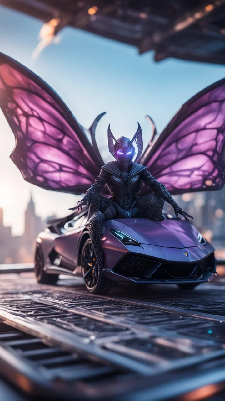 Illithid with butterfly wings frozen in net sitting on roof of a Lamborghini space ship, bokeh like f/0.8, tilt-shift lens 8k, high detail, smooth render, down-light, unreal engine, prize winning