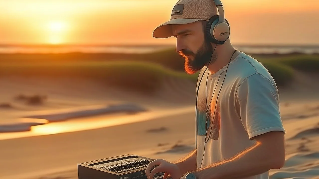 short beard man with cap, DJ play records ,at beach, dunes background, full body, sunset