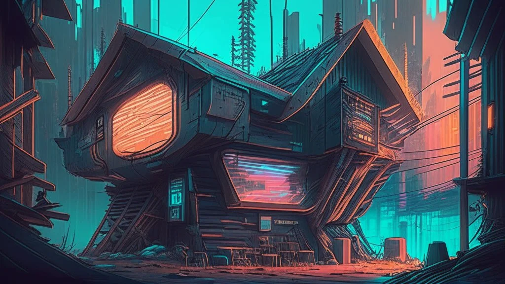 Wooden Cabin In futuristic cyberpunk city, comic style