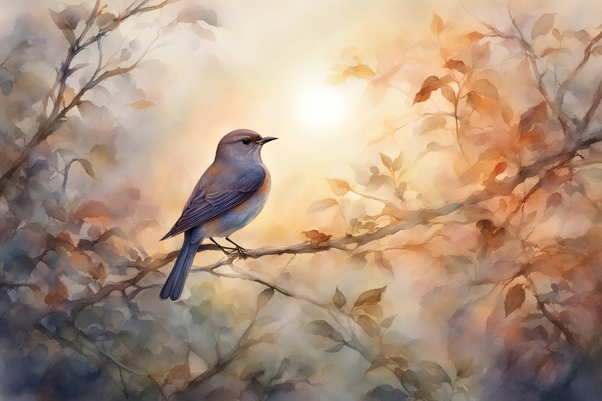 Nightingale on a branch in a thick hedgerow, singing, the breath draws a misty swirling pattern, sunrise, warm colors, smooth intricate high definition beautiful lighting watercolor dramatic lighting polished deep color warm light