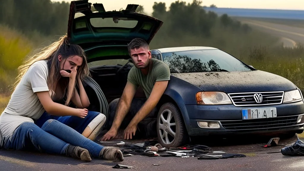 man and crying lady sit inside broken down jetta on side of the road