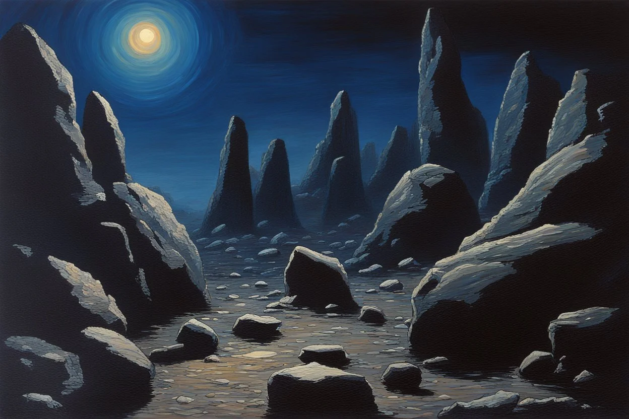 Rocks, night, 2000's sci-fi movies influence, ludwig dettman impressionism painting