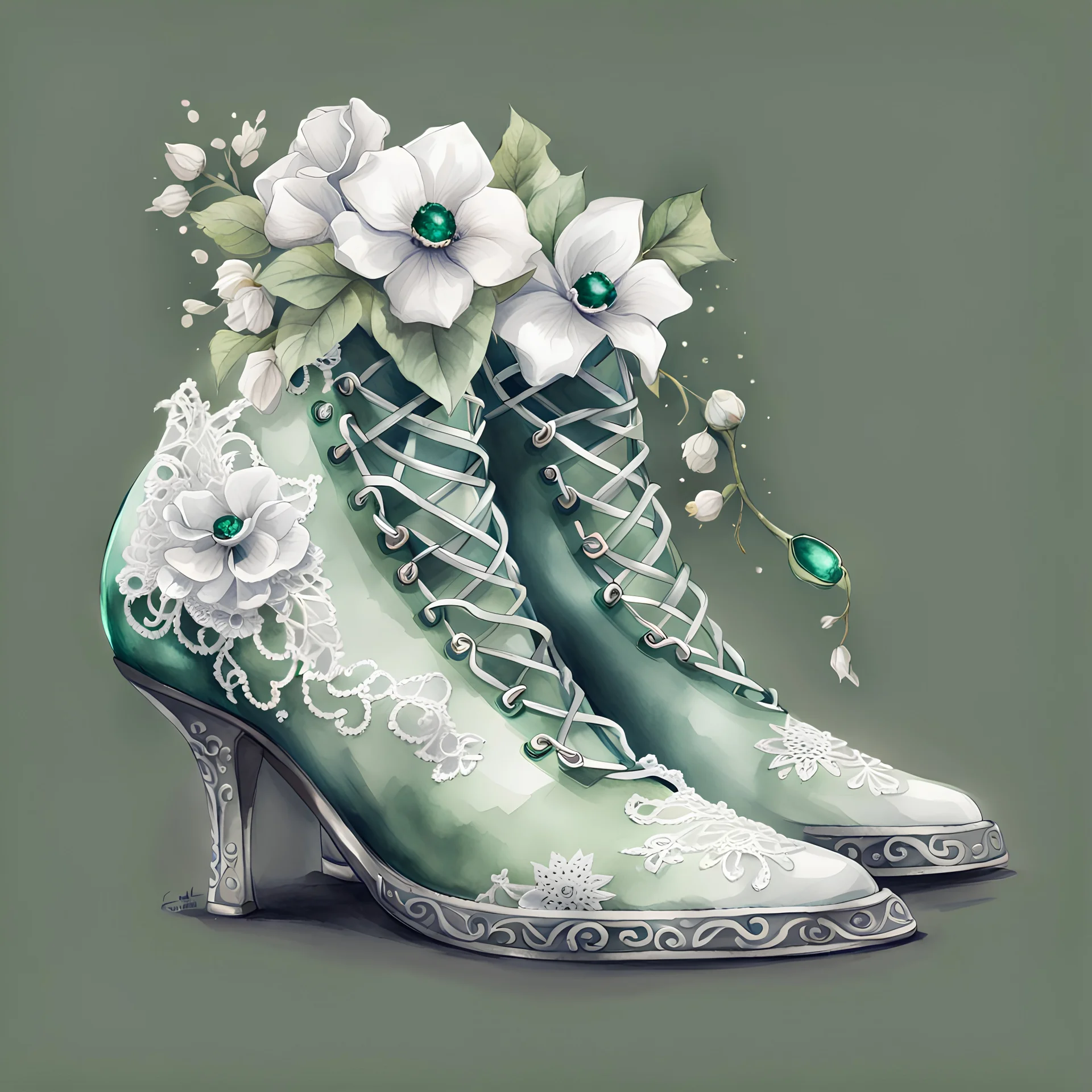watercolor drawing of a dark Gothic green shoes with emeralds and flowers and white lace, on a white background, Trending on Artstation, {creative commons}, fanart, AIart, {Woolitize}, by Charlie Bowater, Illustration, Color Grading, Filmic, Nikon D750, Brenizer Method, Side-View, Perspective, Depth of Field, Field of View, F/2.8, Lens Flare, Tonal Colors, 8K, Full-HD, ProPhoto RGB, Perfectionism, Rim Lighting, Natural Lighting, Soft Lighting, Accent Lighting, Diffraction Grading