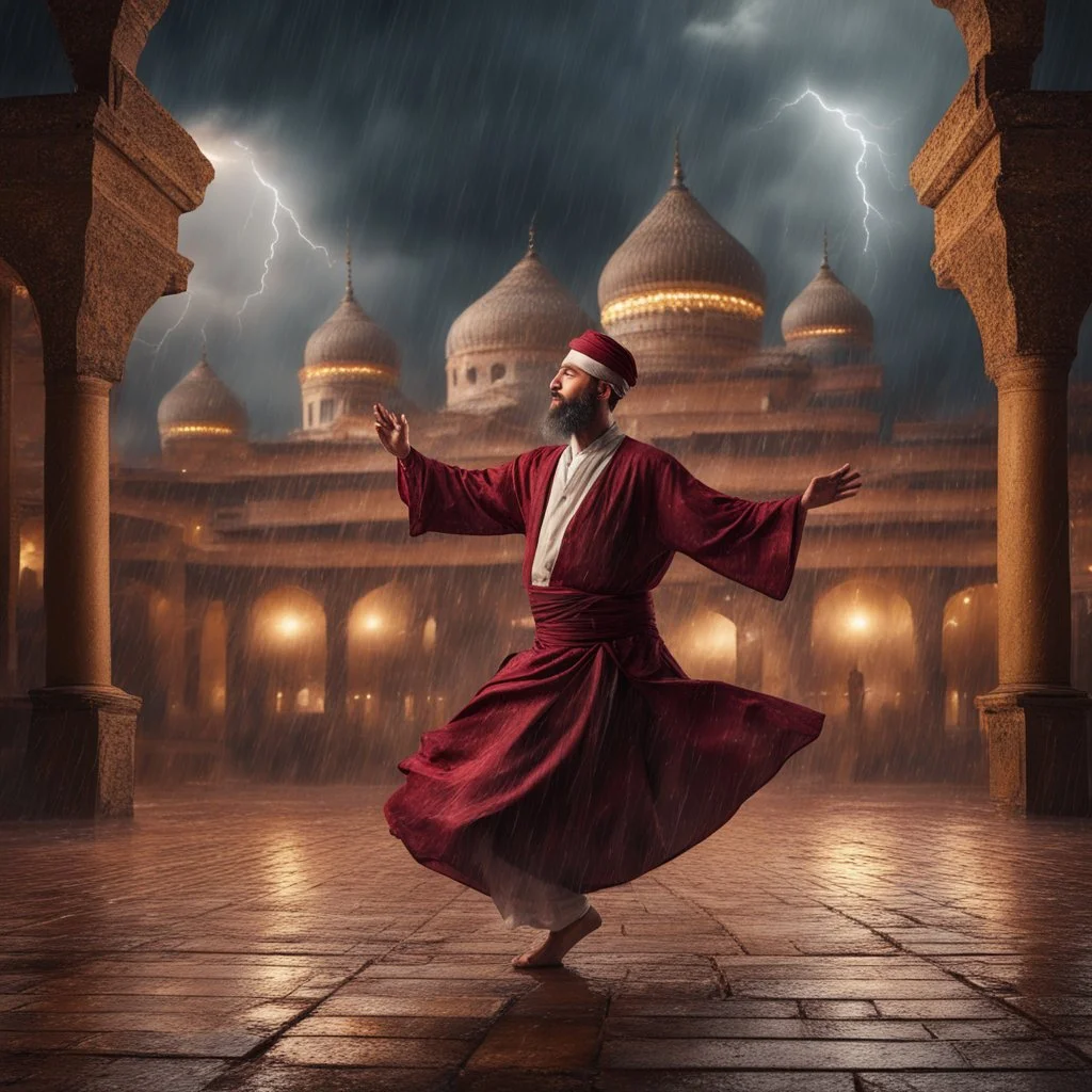 Hyper Realistic photographic-view of a Sufi Whirling with Golden & Maroon Islamic Sufi Rustic Grungy Background with thunderstorm at heavy rainy night outside an ancient Islamic architectural building showing dramatic & cinematic ambiance.