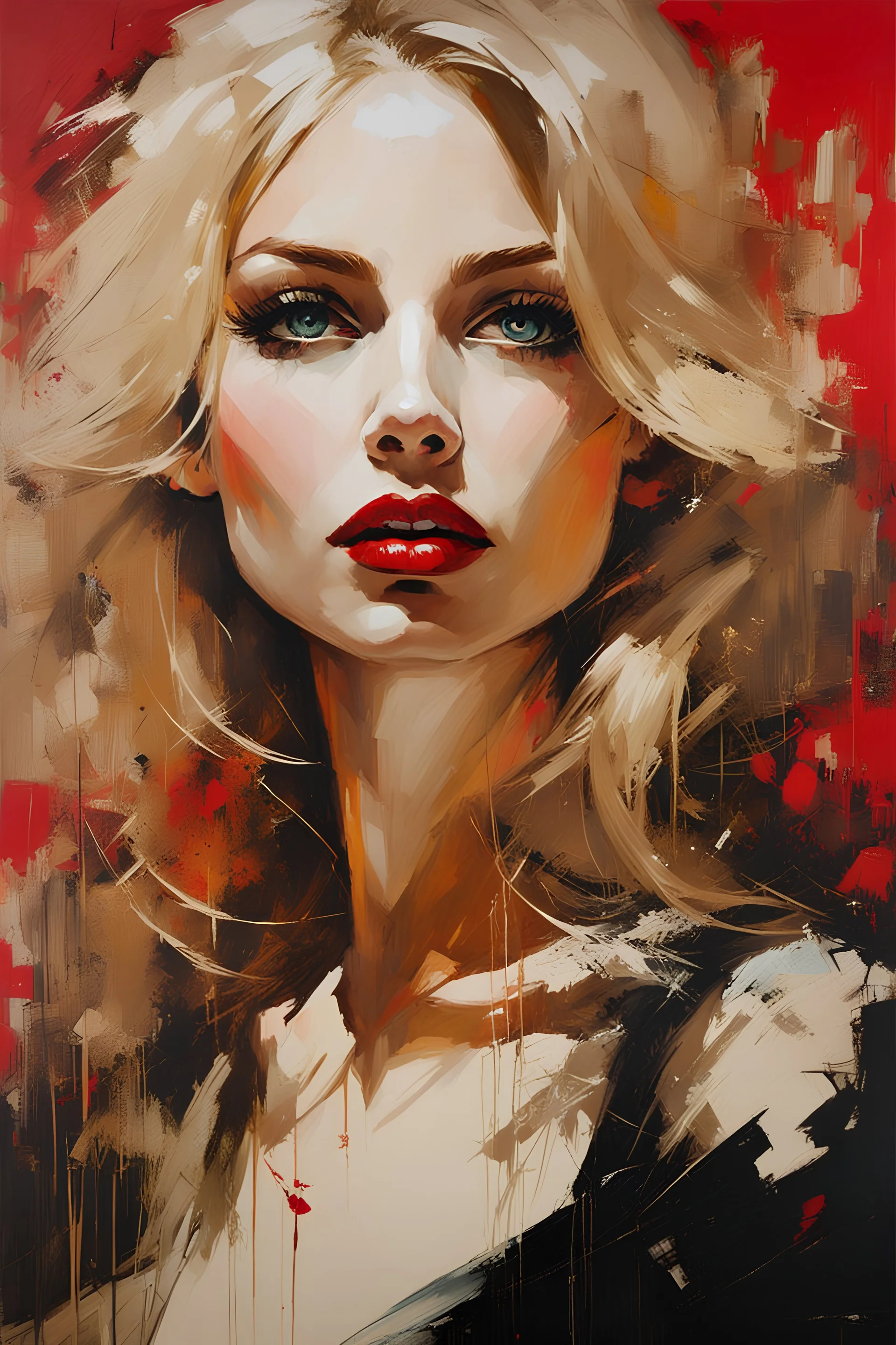 Blonde Pale Very Thin Scandinavian Woman 30yo, Big Eyes, red lipstick, Long Eyelashes And Eye Shadow :: by Robert McGinnis + Jeremy Mann + Carne Griffiths + Leonid Afremov, black canvas, clear outlining, detailed