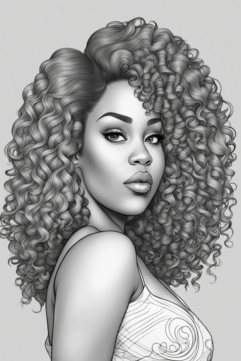 Create a coloring page of a beautiful curvy black female looking to the side with curly hair. No shading, No color, clean lines
