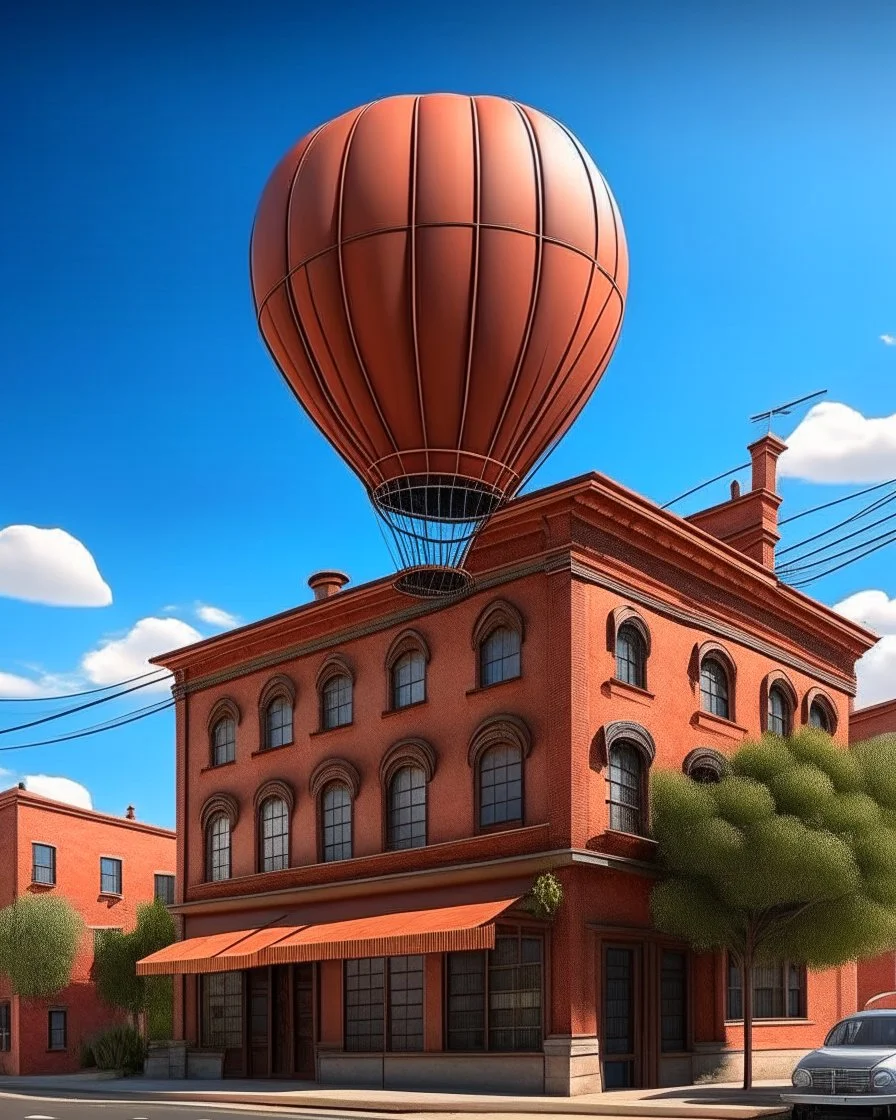 A photorealistic picture of a hot air balloon flying over the building shown in the picture