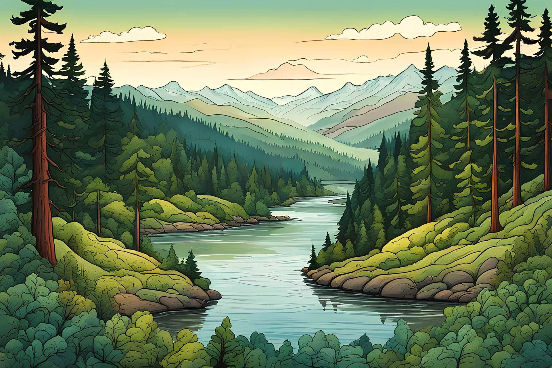 a cartoon illustration of a lush Pacific Northwest forested river valley landscape in the pale light of dawn, in the cartoon style of Lynda Barry , vibrant natural colors, , museum quality masterpiece