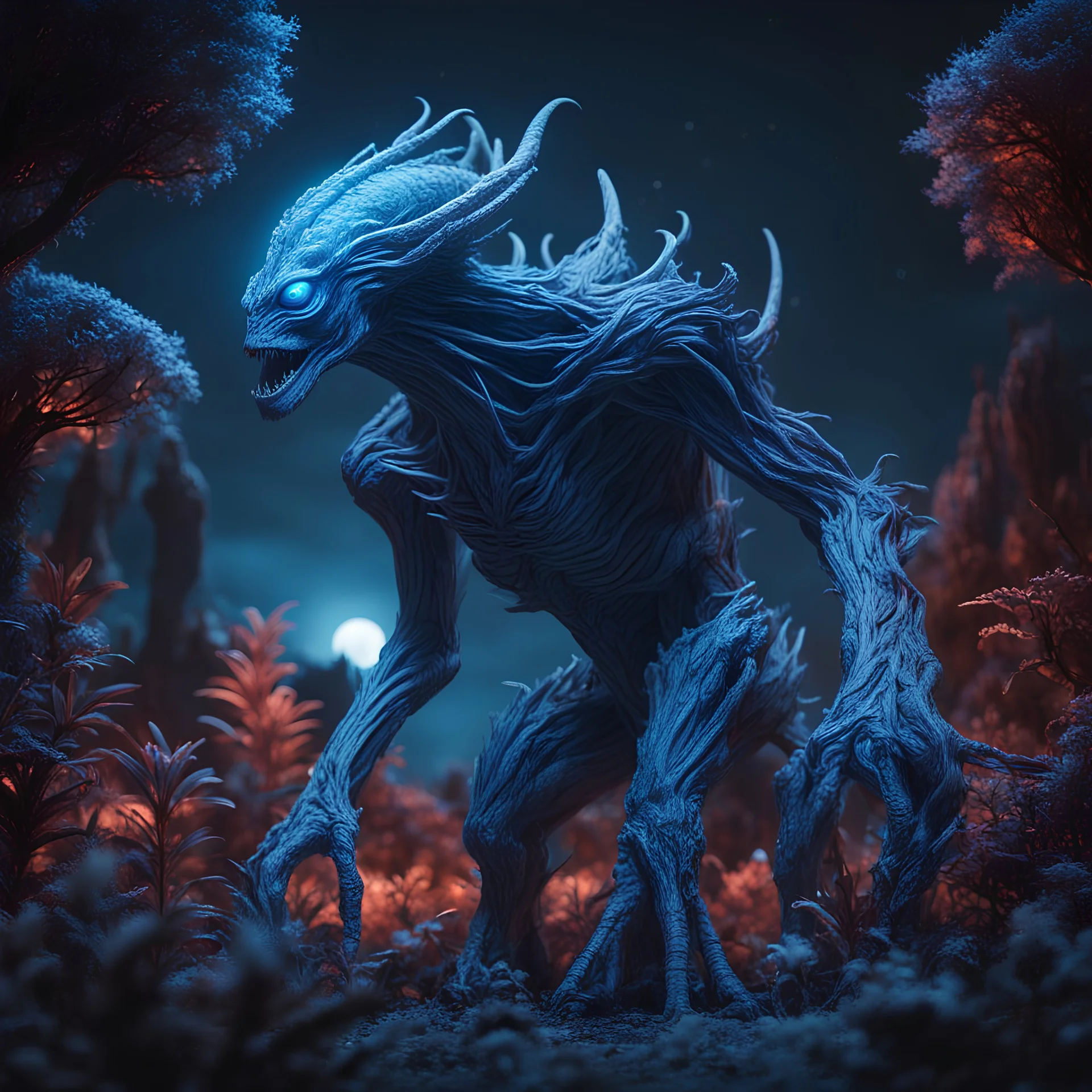 giant carnviore creature on alien planet, blue glowing luminescent plants and treees in background, dark night, sharp focus, high contrast, dark tone, bright vibrant colors, cinematic masterpiece, shallow depth of field, 16k resolution, photorealistic, intricate details, dramatic natural lighting