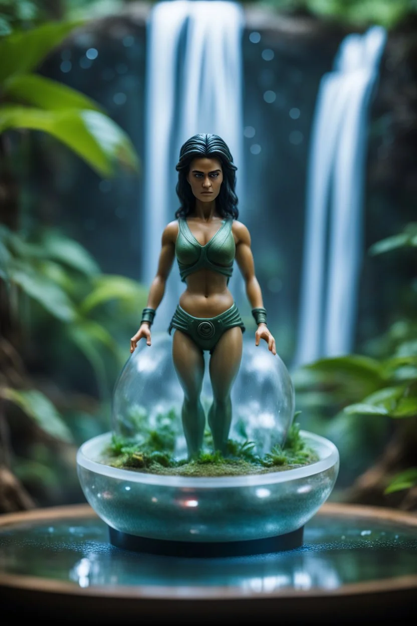 close up on action figure of a glossed and transparent electric female Rambo opera yoga master on round swamp transparent glass boat eye throne in a charged foggy jungle starry waterfall, blur background to make character pop out