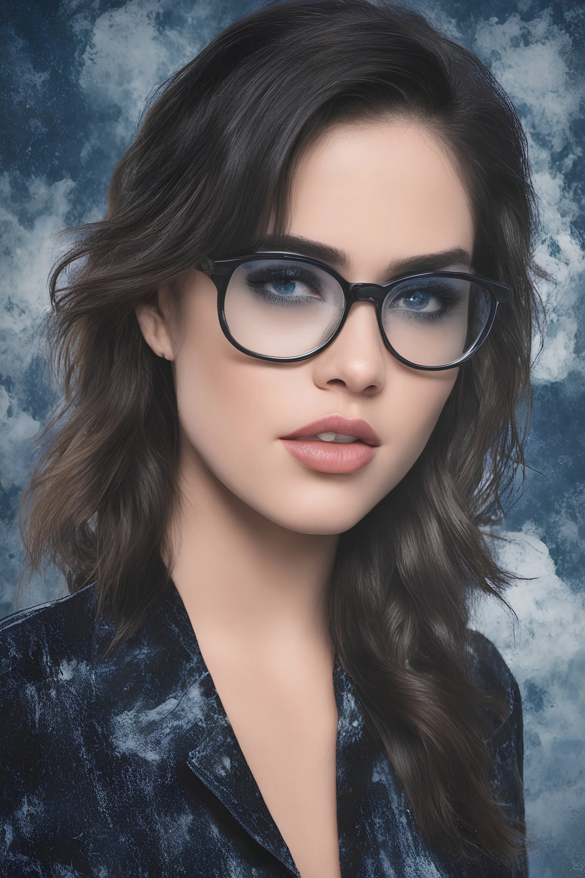 Lucy Hale, Elvis Presley Hybrid, 4k UHD, photorealistic, ((big, full, plump, pouty lips:1.5)) black hair, big cat-eye eyeglasses, dark blue foggy gradated marble wall background