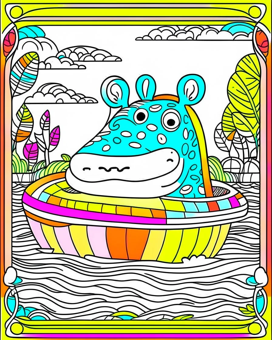 create a 2d colorful outline, "hippo driving tourist car coloring book for kids ", coloring cover, low details design, black contour, coloring cover design,safari background, colorful , card style, coloring cover for kids, colorful background