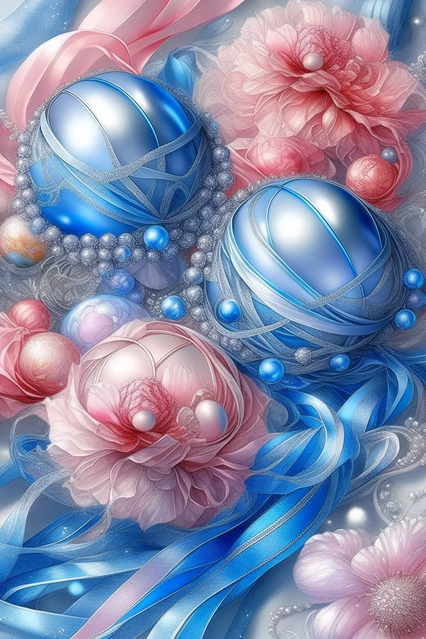 balls,gusts of wind,spiral, patterns ,silver pink blue, composition,flowers,pearls, silk,colored ribbons ,realistic,macro,delicate colors grace, transparent,aesthetically pleasing,hyper detailed,unusual,combination is extremely beautiful,drawing details ,magic,aesthetics, bright light, clarity,fantastically,,close-up, filigree,pastel,watercolor,detailed drawing..,hyperdetalization,surrealism,glitter,5d ,transparent details,futuristic,best quality.