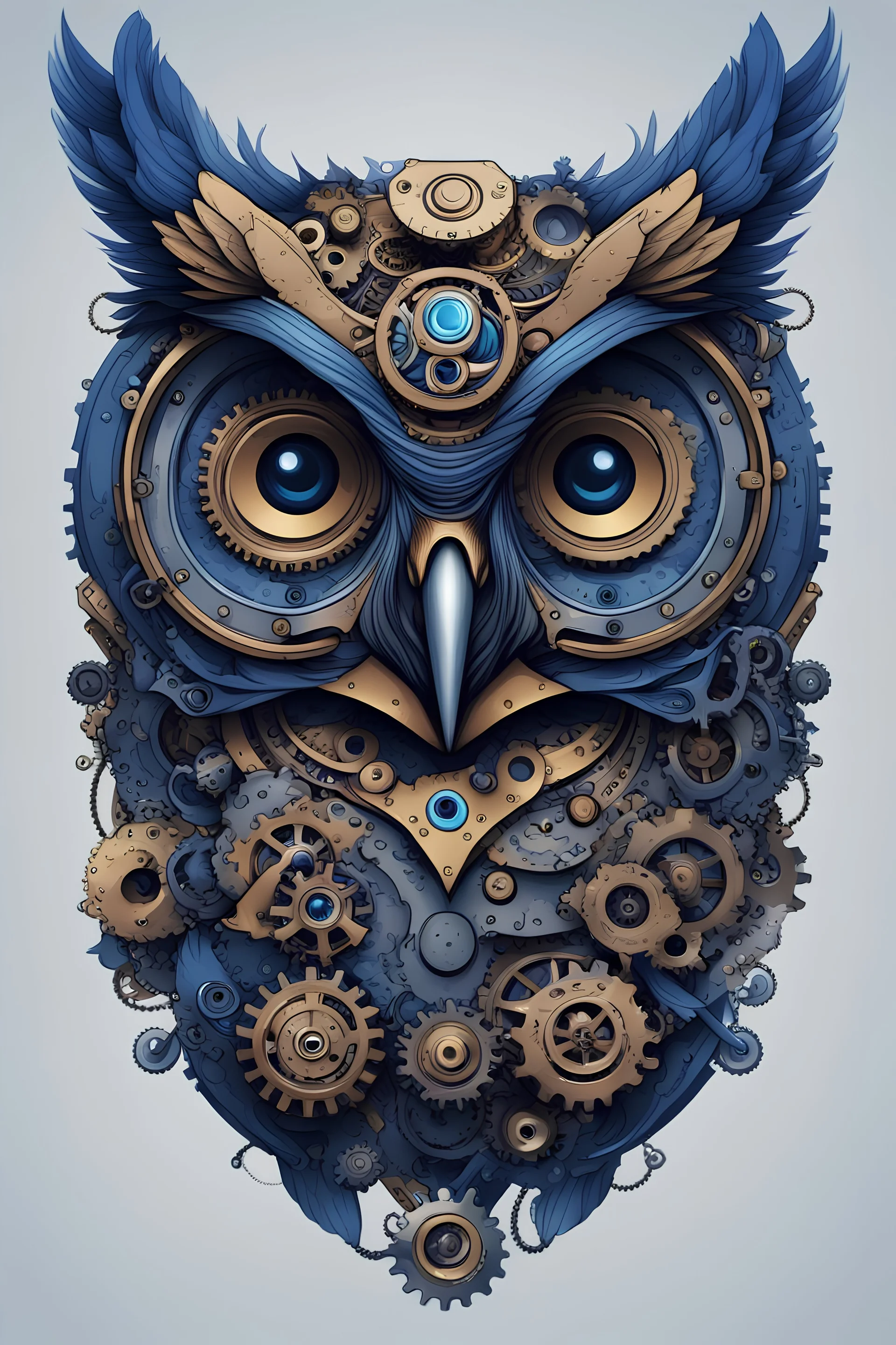 Portrait of an owl, steampunk, indigo blue, colorful, illustration, highly detailed, simple, smooth, and clean vector, no jagged lines, vector art, smooth, made all with grey colored gears inspired by future technology