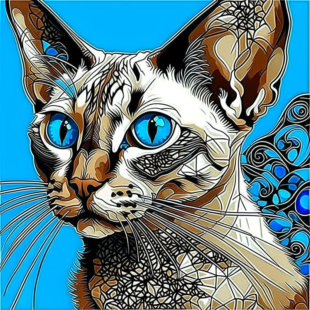 beautiful blue eyed, tall ,long legged, slender, elegant, sophisticated, sphynx-like chocolate point siamese cat expressionism pointillism style