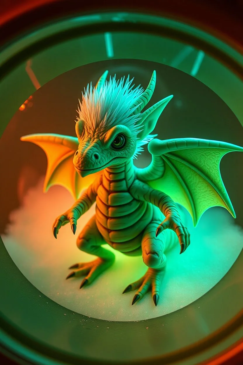 The image depicts a fantastical gremlin duck mummy snow soup, specifically a dragon with neon flash aura, with a unique and whimsical appearance. The dragon is positioned in a circular frame, which suggests it might be inside a container or a vessel. The dragon's body is elongated and has a segmented appearance, with a detailed texture that gives it a realistic look. Its head is covered with white, spiky hair, adding to its fantastical charm. The dragon's wings are large and spread out