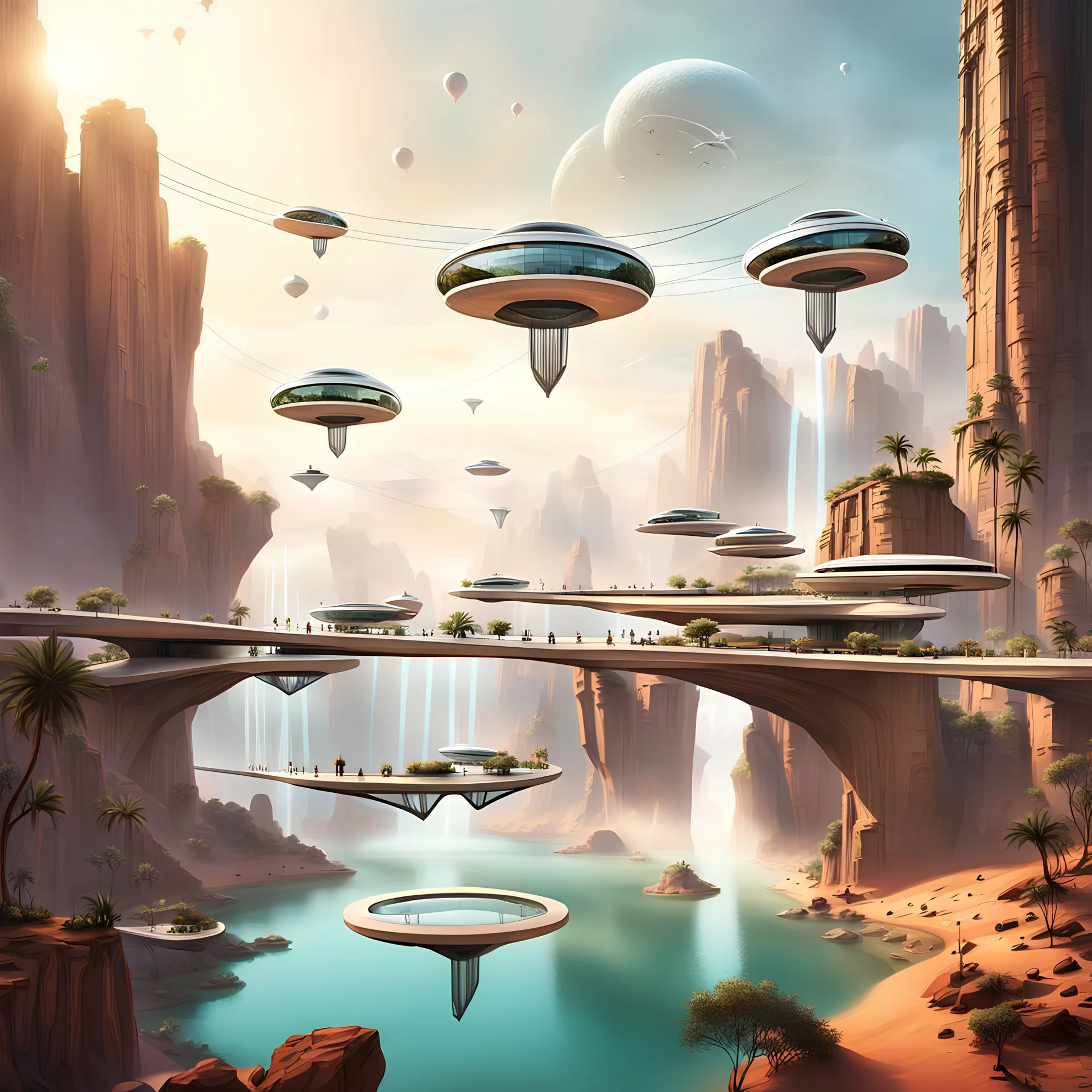 In this futuristic scene, houses are perched on levitating stones, interconnected by suspended bridges. The ethereal setting combines the architectural charm of floating homes with the structural elegance of hanging bridges, creating a harmonious blend of innovation and fantasy. Including Watherfalls. The Scene are in the desert. Flight objects in the sky