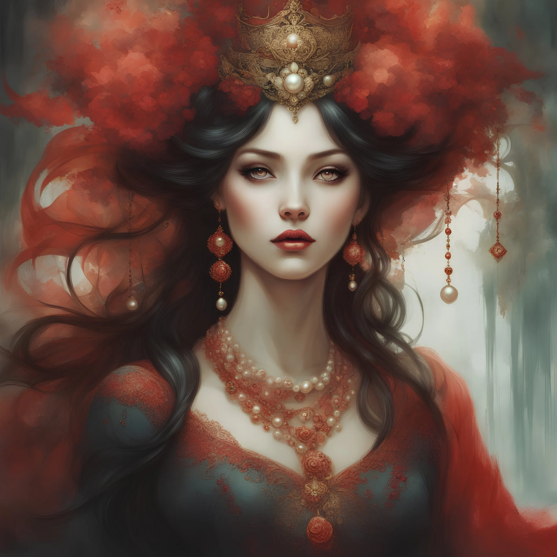 pearls. full body portrait of beautiful woman , red clothes, black hair, pretty eyes, Breathtaking Masterpiece Fantasycore Artwork By Anna Dittmann, Daniel Merriam, Jean Baptiste Monge, Alberto Seveso, Erin Hanson, Jeremy Mann""