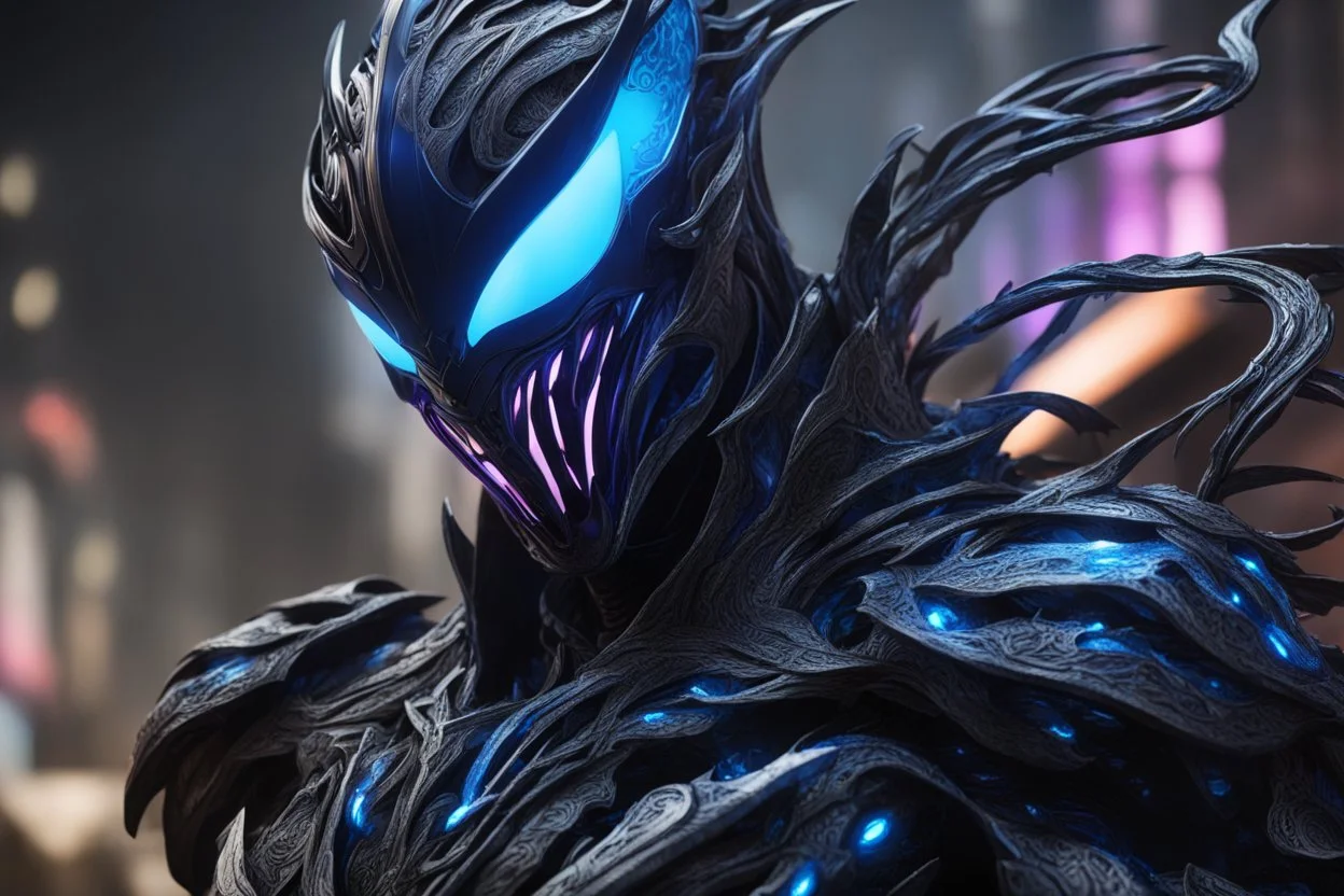 Machine symbiote in 8k solo leveling shadow drawing, shaco model, Halloween theme, neon blue lights, Chaos sea, intricate details, highly detailed, high details, detailed portrait, masterpiece,ultra detailed, ultra quality