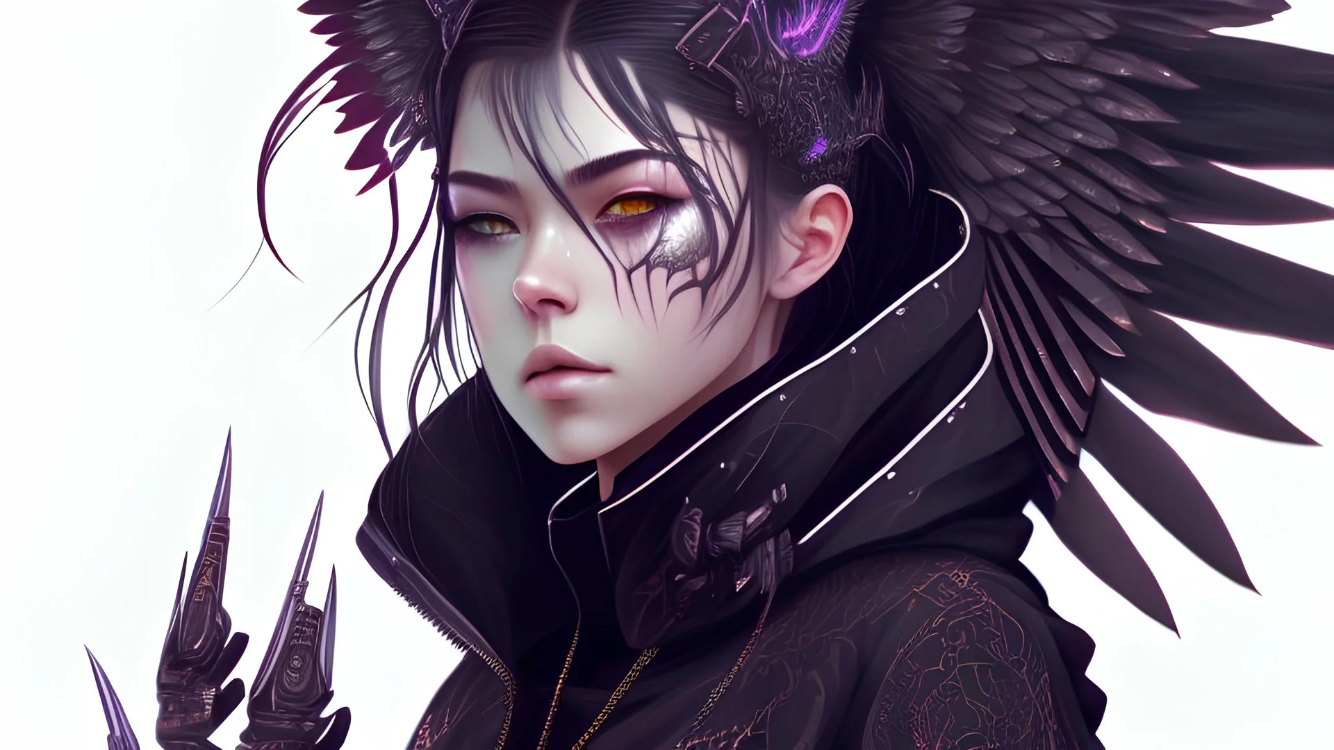 Very cool girl wearing cyberpunk intricate streetwear, wearing a black mask,with dragon wings,beautiful, detailed portrait, intricate complexity, by krenz cushart, kyoto animation, wlop. 4 k, beautiful, cinematic dramatic atmosphere, sharp focus,Three-view drawing The subject of this artwork is a young woman who is depicted wearing an intricate set of cyberpunk-inspired streetwear. The artist, Krenz Cushart, has created a beautiful and detailed portrait that showcases the intricate complexity of