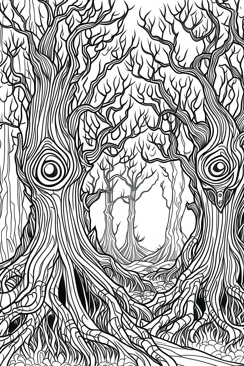 A creepy forest with gnarled trees, glowing eyes peeking through the darkness.. Outline, sketch style, only use outline, mandala style, clean line art, white background, no shadows, no clear wall, coloring page.