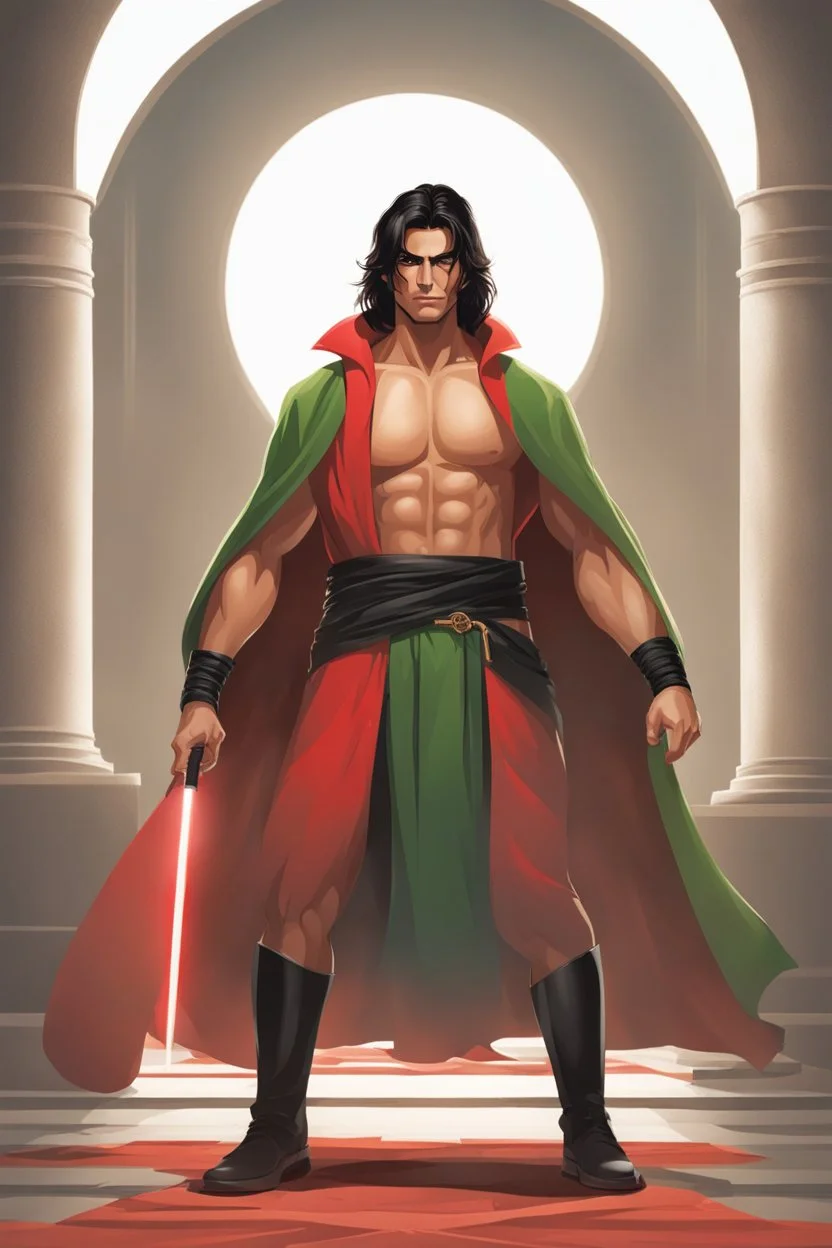 Full Body, Male Tan Human, Muscluar Body, Sith, Red Blindfold, Green and Black Robes, Handsome face, Black hair.