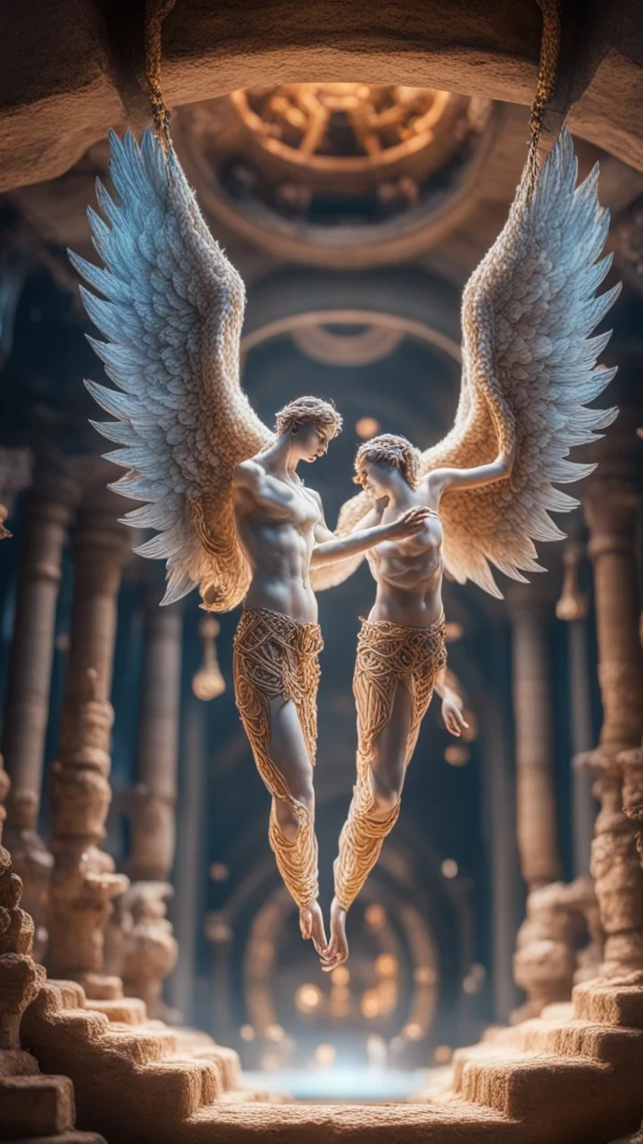 airbrush, pen outline, sacred geometry, Harut and Marut are a pair of nephilim angels hanging upside down inside the well. They are said to tempt humans by teaching them the arts of sorcery, bokeh like f/0.8, tilt-shift lens 8k, high detail, smooth render, down-light, unreal engine, prize winning