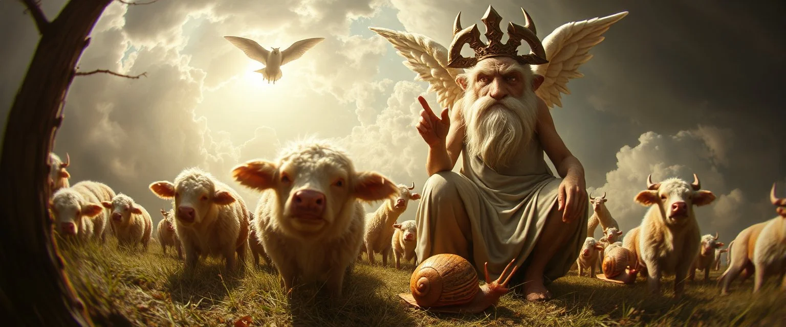 angry god in heaven suffering through a pinhole cam picture of heavenly fluffy elevated messed up woodland elongated slimy cow snail and ad & d monster creatures flock painted by Nerdrum and Rembrandt