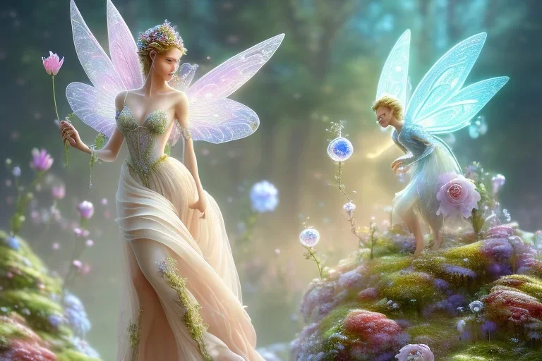 one very little beautiful fairy on a big crystal subtle flower in a galactic ambiance, transparent petals, delicate colors, in the foreground, full of details, smooth, bright sunshine，soft light atmosphere, light effect，vaporwave colorful, concept art, smooth, extremely sharp detail, finely tuned detail, ultra high definition, 8 k, unreal engine 5, ultra sharp focus